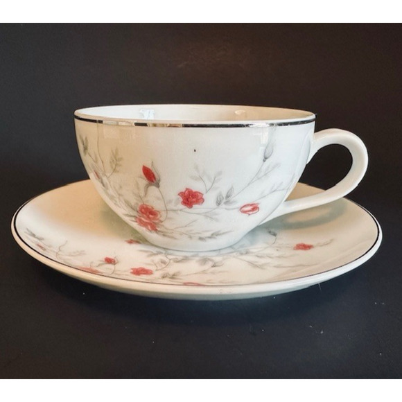 Arita ART25 Flat Cup & Saucer Set Pink Roses Gray Leaves Platinum Trim VTG - Picture 1 of 14